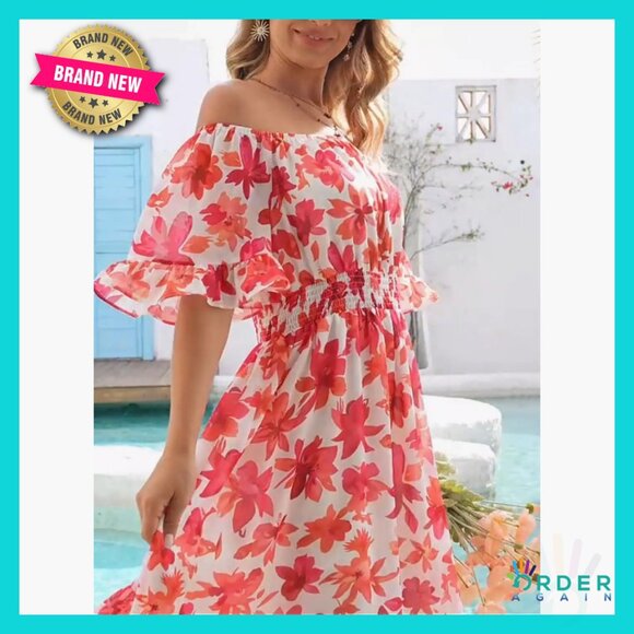 Boho Off Shoulder Midi Dress Ruffle Sleeve Smocked Elastic Waist Flowy Summer - Picture 7 of 7